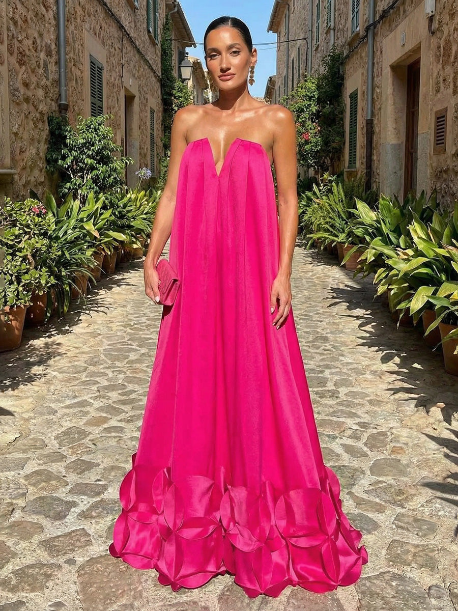 tube dress satin 2026 Formal Evening Dresses Hot Pink A-Line V-Neck 3D Petal Hem Floor-Length Ruffles Elegant Wedding Guest Dresses Ball Gowns Adjustable bust Color:Platinum Gold METALLIC DRESS UO Hawaiian Print Shirt