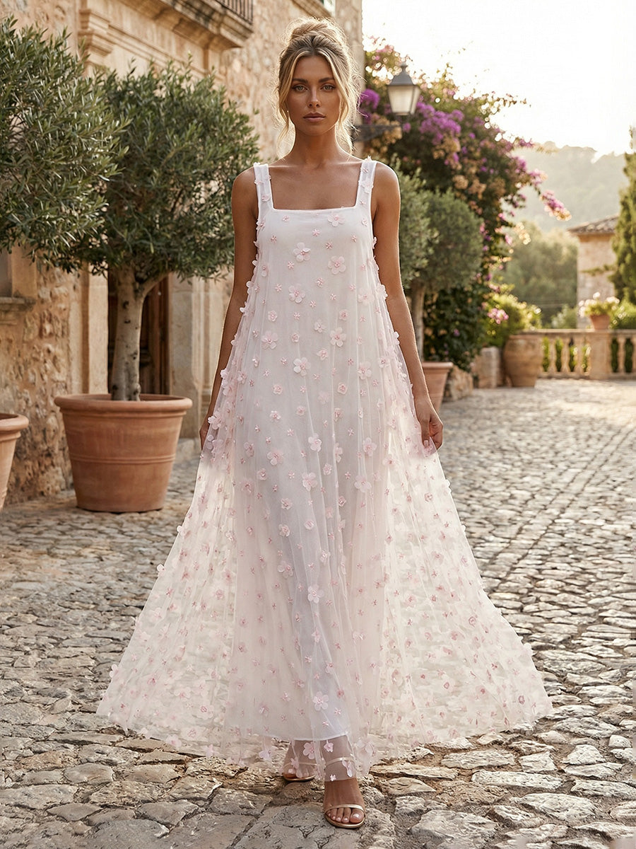 White 3D Pink Floral Tulle Formal Evening Maxi Cocktail Dress Square Wide Strap Loose Flow A Line Wedding Guest Resort Gown