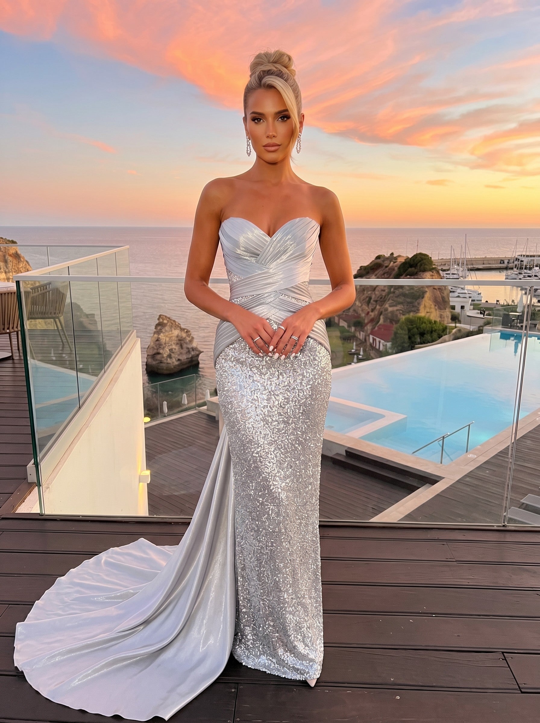 Silver Formal Evening Maxi Gowns 2026 for Women Mermaid Strapless Sweetheart Ruched Satin Bodice Sequin Skirt With Satin Train Floor Length Wedding