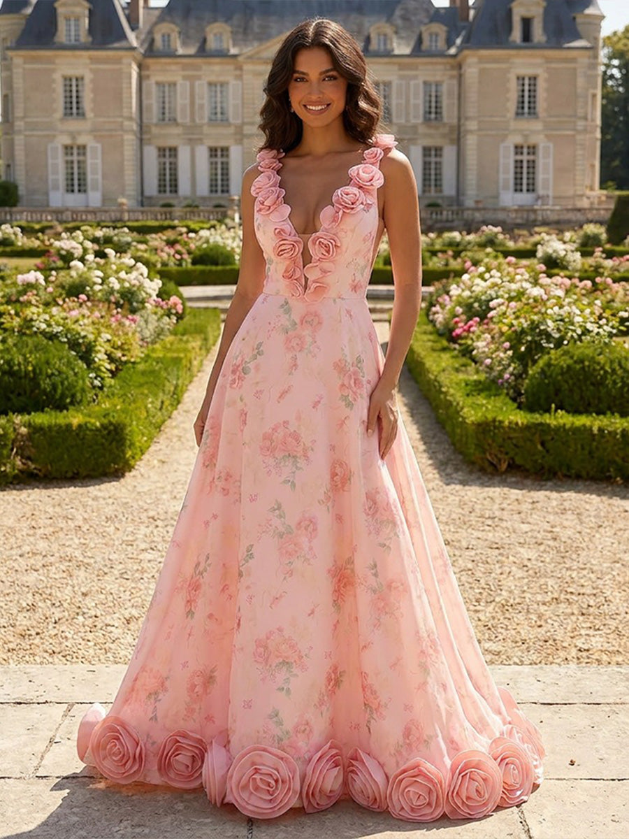 Formal Evening Pink Floral Print Deep V Spaghetti Strap 3D Satin Rose Hem A Line Floor Length Maxi Gown 2026 for Women Wedding Guest Dress