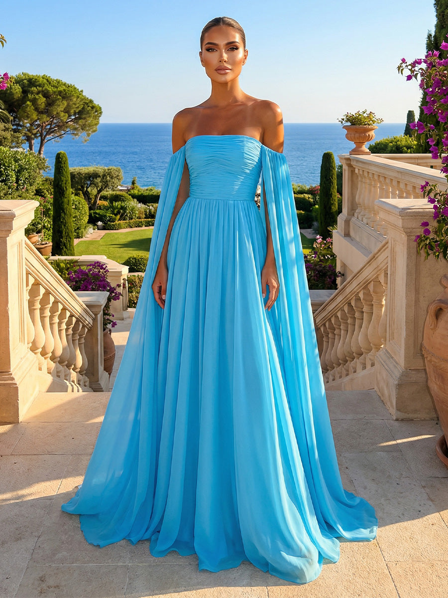 Chiffon A-Line Off Shoulder Delicate Pleated Wedding Guest Dresses