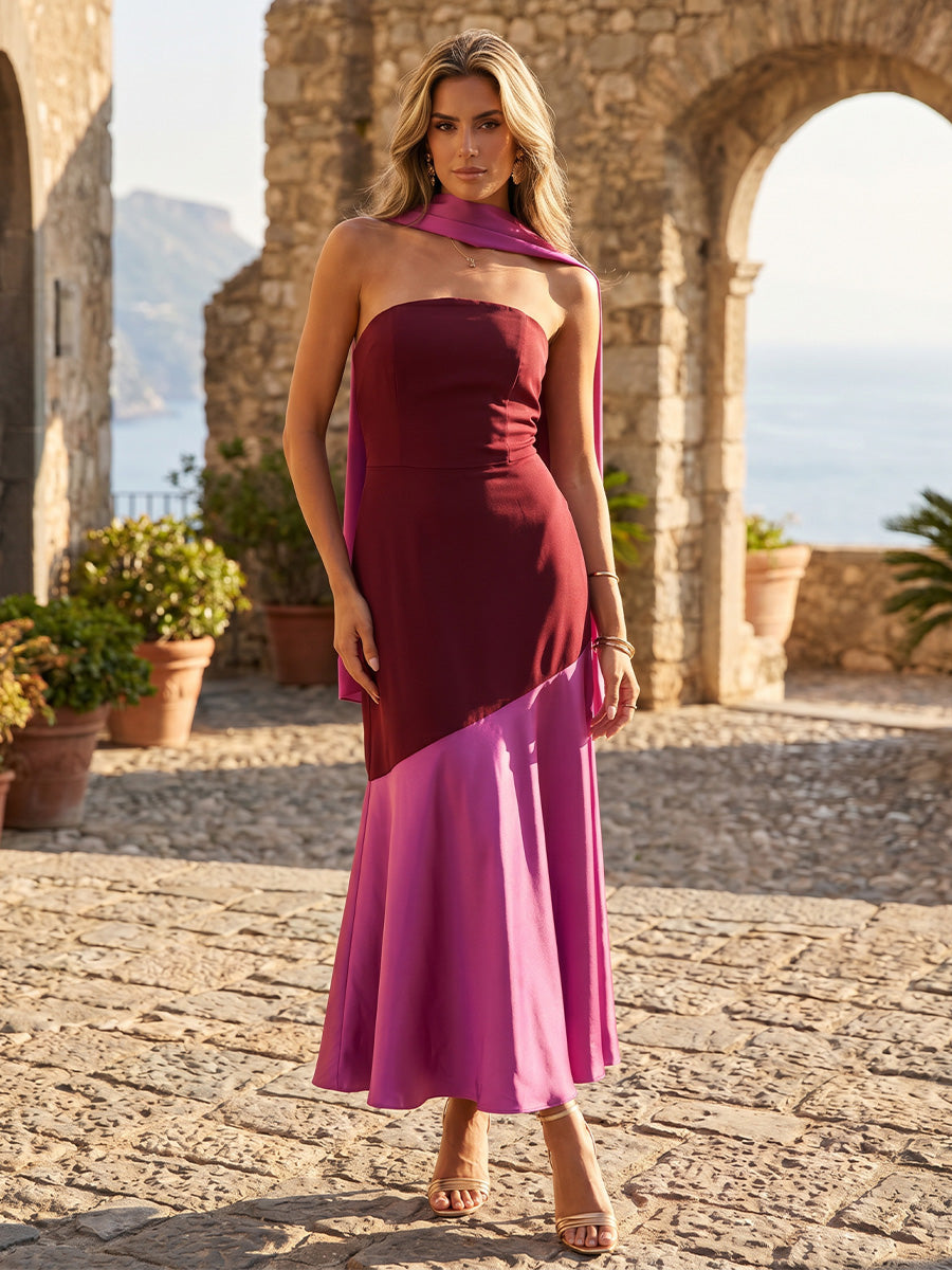 Gracins Satin Mermaid Strapless Wedding Guest Dresses with Scarf 2026