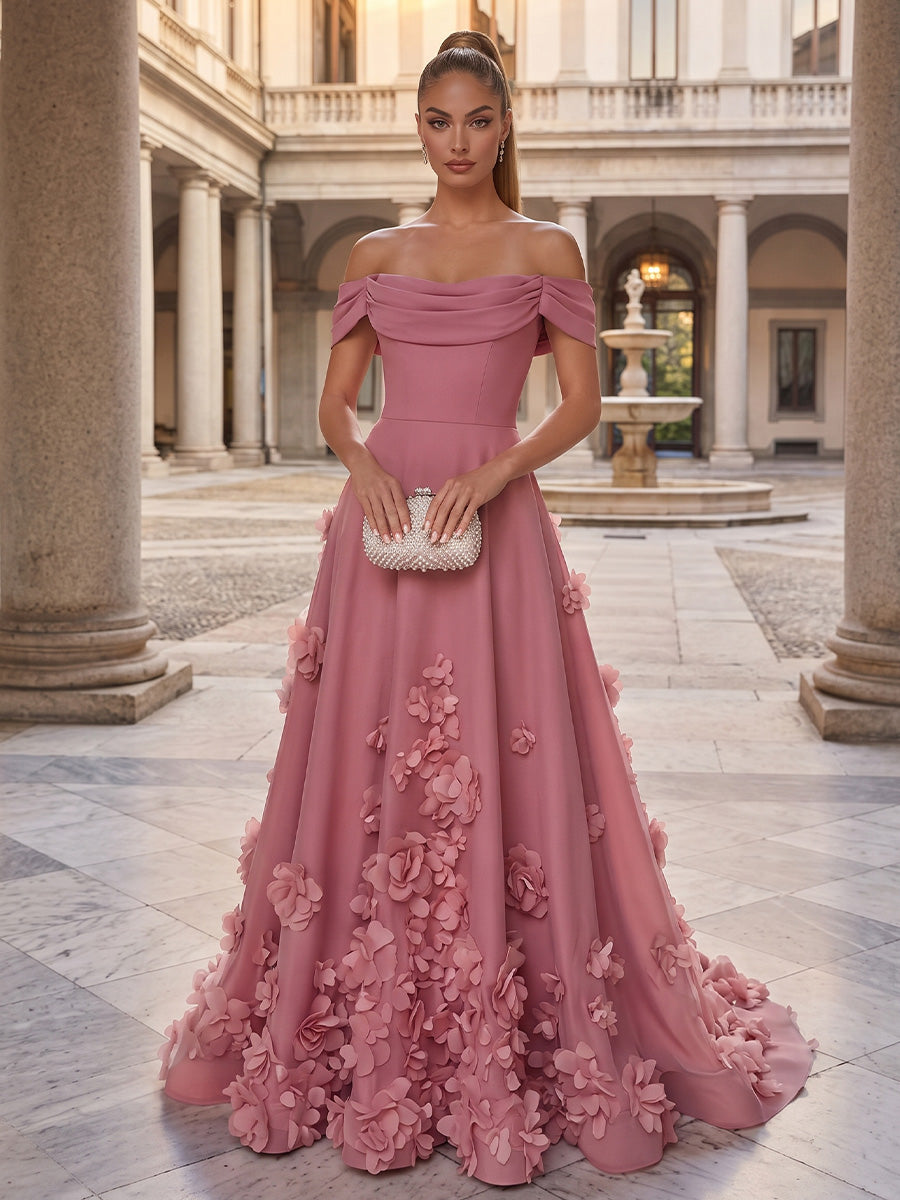 jersey a line dresses Dusty Rose Off The Shoulder Formal Evening Maxi 2026 for Women A-Line Draped Chiffon 3D Floral Appliques Sweep Train Wedding Guest Banquet Lustre Mint Green Satin satin long sleeve wedding dresses GLS by Gloria GL3739 Color:Lilac Pink Blue Print