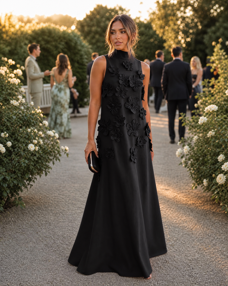 High-Neck A-Line Formal Tent/ Trapeze Dresses with 3D Flowers