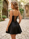 Satin A-Line Spaghetti Straps Mini Homecoming Dresses with Pearls