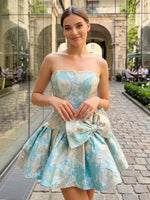Jacquard A-Line Strapless Mini Homecoming Dresses with Bow