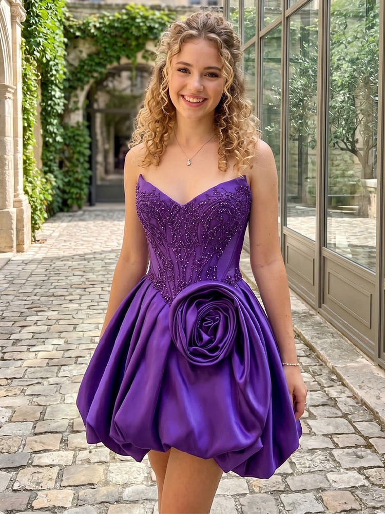 Satin A-Line Strapless Mini Homecoming Dresses with 3D Flowers
