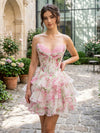 Chiffon Floral A-Line Strapless Mini Homecoming Dresses with Tiered Ruffles