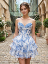 Chiffon Floral A-Line Strapless Mini Homecoming Dresses with Tiered Ruffles