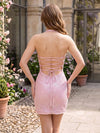 Sequin Sheath Halter Mini Homecoming Dresses with Floral Embroidery