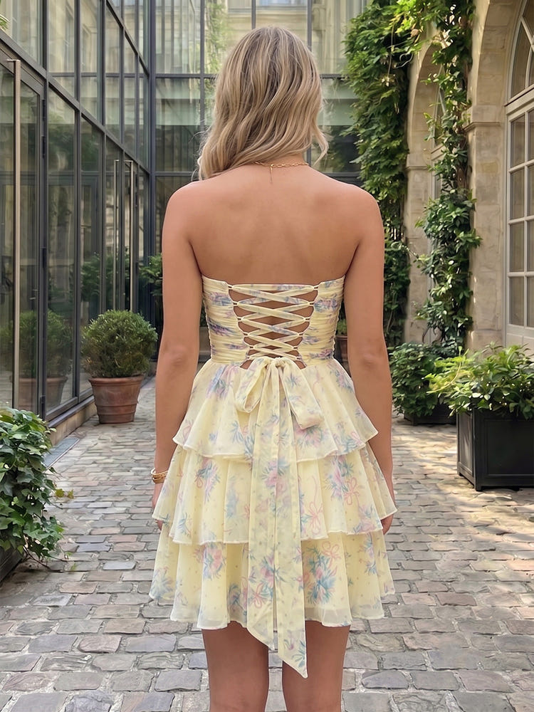 Chiffon Floral A-Line Strapless Mini Homecoming Dresses with Bow