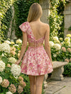 Jacquard A-Line One Shoulder Mini Homecoming Dresses with Bow