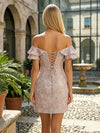 Jacquard Sheath Off the Shoulder Mini Homecoming Dresses with Ruffles