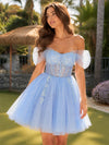 Tulle A-Line Off the Shoulder Mini Homecoming Dresses with Applique