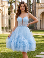 Tulle A-Line Spaghetti Straps Knee Length  Homecoming Dresses with Ruffles