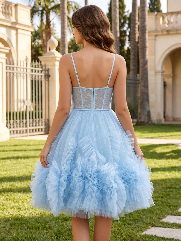 Tulle A-Line Spaghetti Straps Knee Length  Homecoming Dresses with Ruffles