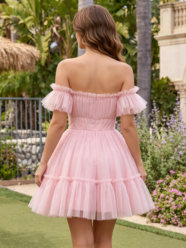 Tulle A-Line Off the Shoulder Mini Homecoming Dresses with Tiered Ruffles