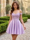 Satin A-Line Off the Shoulder Mini Homecoming Dresses with Applique