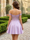Satin A-Line Off the Shoulder Mini Homecoming Dresses with Applique
