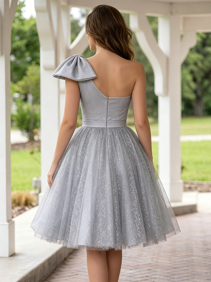 Tulle A-Line One Shoulder Mini Homecoming Dresses with Bow