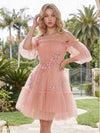 Tulle A-Line Off the Shoulder Knee Length Homecoming Dresses with Floral Embroidery