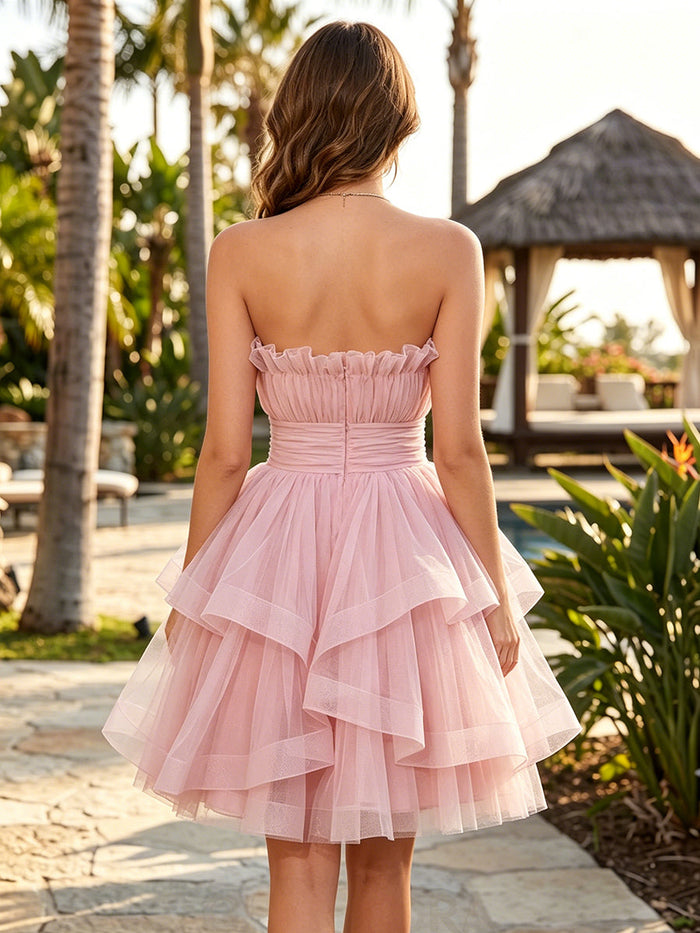 Tulle A-Line Strapless Mini Homecoming Dresses with Tiered Ruffles