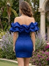 Satin Sheath Off the Shoulder Mini Homecoming Dresses with Ruffles