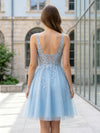 Tulle A-Line V Neck Mini Homecoming Dresses with Lace Applique