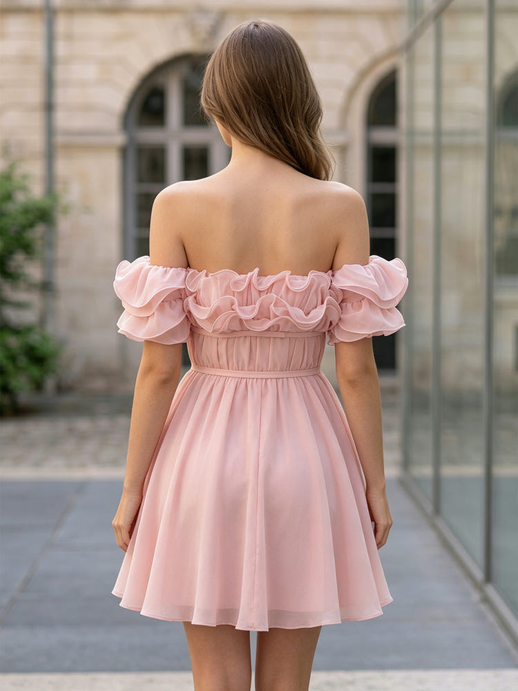 Chiffon A-Line Off the Shoulder Mini Homecoming Dresses with Ruffles