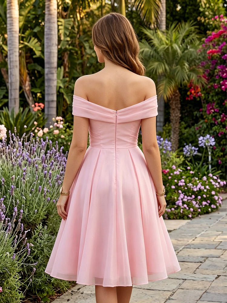 Chiffon A-Line Off the Shoulder Knee Length  Homecoming Dresses with Pleats