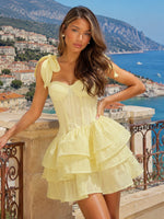 Cute Flowy Tiered Chiffon Corset Mini Dress Statement Shoulder Bow Detail tructured Boned Bust Homecoming Dress with Tiered Ruffles