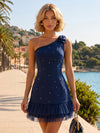 One Shoulder Satin Bodycon Mini Homecoming Dresses with Sequin