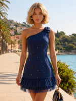 One Shoulder Satin Bodycon Mini Homecoming Dresses with Sequin