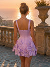 Fairy Floral Embellished Corset Satin Mini Dress quare Neck Satin Corset Boned Mini Homecoming Dres with 3D Flower