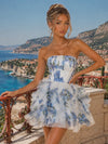 Strapless A-Line Flower Print Homecoming Dresses with Ruffles