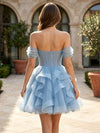 Tulle A-Line Off the Shoulder Mini Homecoming Dresses with Ruffles
