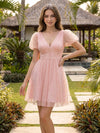 Tulle A-Line V Neck Mini Homecoming Dresses with Sequin