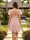 Tulle A-Line V Neck Mini Homecoming Dresses with Sequin