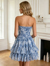 Chiffon Floral A-Line Strapless Mini Homecoming Dresses with Tiered Ruffles