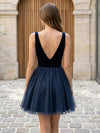 Tulle A-Line V Neck Mini Homecoming Dresses with Pleats