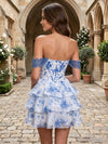 Chiffon Floral A-Line Off the Shoulder Mini Homecoming Dresses with Tiered Ruffles