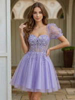 Tulle A-Line Sweetheart Mini Homecoming Dresses with Floral Embroidery