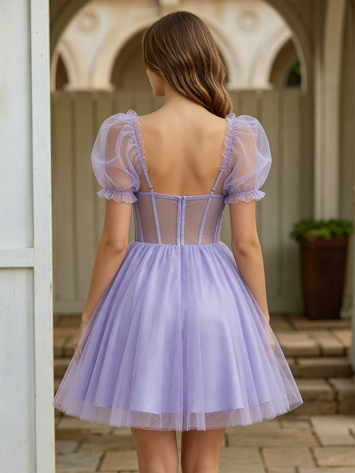 Tulle A-Line Sweetheart Mini Homecoming Dresses with Floral Embroidery