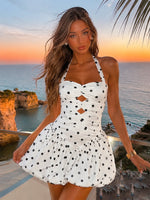 Satin A-Line Halter Mini Homecoming Dresses with Polka Dot