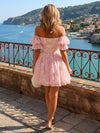 Romantic Airy Chiffon Floral Off Shoulder Mini Dress Lightweight Flowy Tiered Hem Homecoming Dresses with Ruffles
