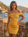 Elegant Embroidered Satin Off Shoulder Mini Dress Draped Waist Detail Intricate Floral Rhinestone Embroidery Waist Draped Ruched Skirt Short Homecoming Dresses