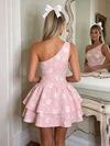 Jacquard A-Line One Shoulder Mini Homecoming Dresses with Pocket