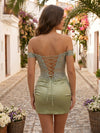 Satin Sheath Off the Shoulder Mini Homecoming Dresses with Applique