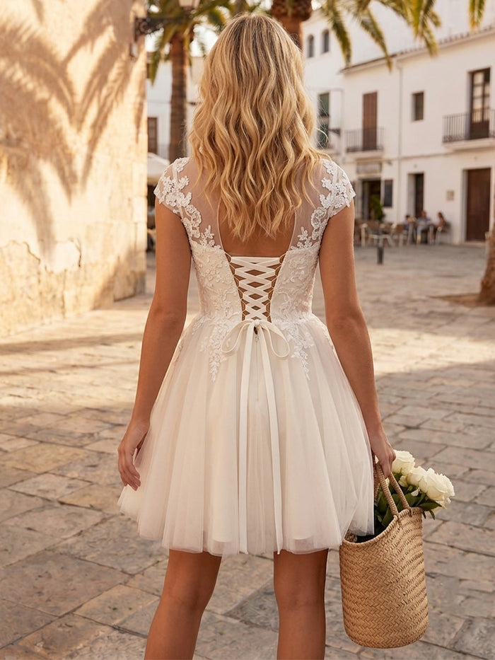 Tulle A-Line Jewel Neck Mini Homecoming Dresses with Pleats