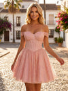 Sequin A-Line Off the Shoulder Mini Homecoming Dresses with Pleats
